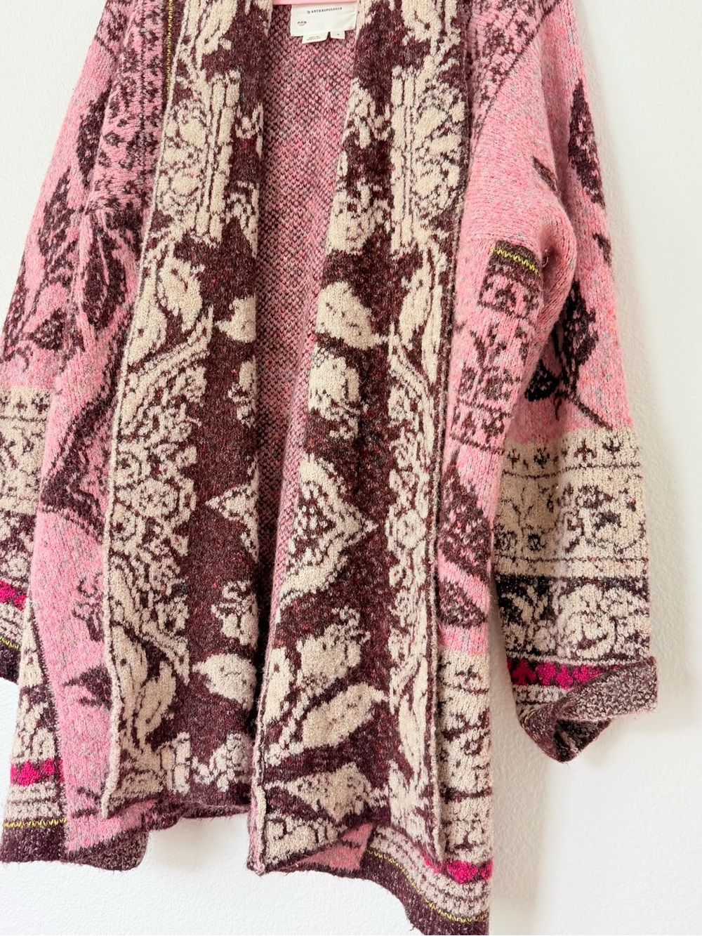 By Anthropologie  Cozy Pink & Cream Patterned Open Cardigan - Picture 6 of 9